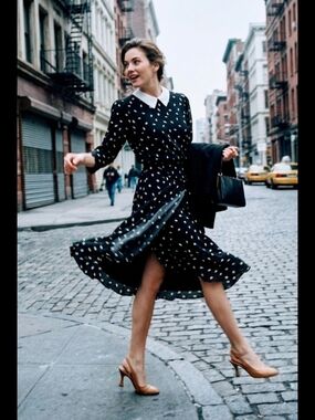 Vintage Sunshine Alley Classic Black Polka Dot Midi Dress with White Collar 10